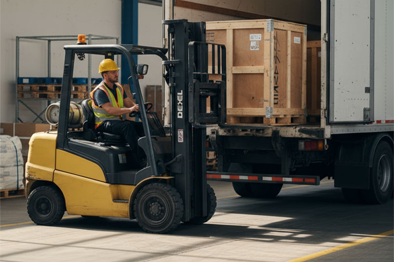 Custom wooden shipping crate being loaded for transport
